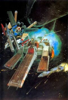 1980s_(style) beam_cannon beam_rifle earth_federation energy_cannon energy_gun gundam gundam_zz mecha mecha_focus mixed-language_commentary mobile_suit nahel_argama neo_zeon no_humans o'neill_cylinder official_art oldschool painting_(medium) promotional_art realistic retro_artstyle robot scan scene_reference science_fiction shield space space_habitat spacecraft takani_yoshiyuki thrusters traditional_media v-fin war weapon zero_gravity zz_gundam