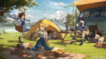 1boy 4girls :d absurdres acoustic_guitar adjusting_hair anne_(reverse:1999) arm_support arm_up basket binoculars bird black_boots black_bow black_bowtie black_shoes blonde_hair blonney blue_dress blue_neckerchief blue_sailor_collar blue_skirt blue_sky boots bow bowtie bread brown_hair chair cloud coffee_pot collared_shirt cup day dress eagle_(reverse:1999) eagle_(weekend_excursion)_(reverse:1999) elbow_carry flower flower_basket folding_chair folding_table food foot_up frying_pan full_body gloves grass green_eyes grey_hair grey_jacket guitar hand_on_headwear hand_up hands_up hat highres holding holding_basket holding_cup holding_notebook holding_pen instrument jacket lawson long_hair looking_to_the_side low_twintails lying mary_janes medium_skirt motor_vehicle mountainous_horizon multiple_girls nature neckerchief notebook official_art on_chair on_grass on_stomach open_mouth outdoors pants pen picnic_blanket profile purple_eyes purple_jacket reading reverse:1999 sailor_collar sailor_dress shirt shirt_tucked_in shoes short_dress short_hair short_sleeves sitting skirt sky smile socks sotheby sotheby_(lawson) sun_hat table tent tree twintails van walking water watermark weibo_watermark white_flower white_gloves white_hat white_shirt white_socks x_(reverse:1999) yellow_pants yokozuwari zizizi_zibiren