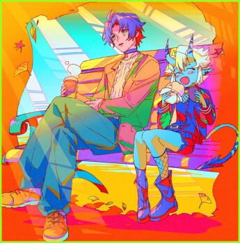 1boy 1girl alternate_costume asaba_harumasa black_boots black_choker black_hair black_jacket blue_horns blue_oni blue_pants blue_skin blue_sky blue_tail blush boots border brown_jacket brown_shoes choker closed_eyes colored_skin commentary_request crossed_legs cup earrings falling_leaves fang fishnet_socks fishnet_top fishnets food green_border hair_between_horns holding holding_cup holding_food horns jacket jewelry leaf maple_leaf mizu_cx multicolored_horns on_bench oni open_clothes open_mouth orange_background outdoors pants parted_bangs pendant_choker pointy_ears shoes sitting skin-covered_horns sky socks soukaku_(zenless_zone_zero) steamed_bun sweater two-tone_horns two-tone_tail white_hair white_sweater yellow_eyes zenless_zone_zero zipper
