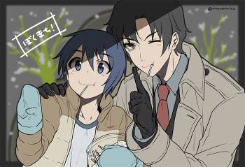 2boys black_gloves black_hair blue_eyes blue_hair blue_mittens boku_dake_ga_inai_machi brown_coat coat collared_shirt commentary_request fujinuma_satoru gloves grey_background grey_shirt hand_on_another's_shoulder index_finger_raised lollipop_in_mouth male_focus mittens monicanc multiple_boys necktie red_necktie shirt short_hair yashiro_gaku