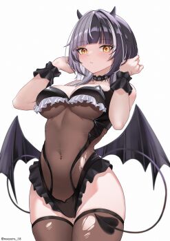 1girl alternate_costume black_hair black_leotard black_thighhighs blush breasts closed_mouth commentary covered_navel cowboy_shot demon_horns demon_tail demon_wings frilled_leotard frills grey_hair hands_up highres hololive hololive_english horns large_breasts leotard long_hair looking_at_viewer low_wings multicolored_hair noeee see-through_clothes see-through_leotard shiori_novella simple_background solo split-color_hair standing tail thighhighs torn_clothes torn_leotard torn_thighhighs twitter_username virtual_youtuber white_background wings wrist_cuffs yellow_eyes