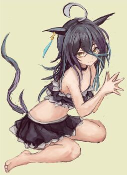 1girl ahoge animal_ears bare_shoulders bikini black_bikini black_choker black_hair breasts choker closed_mouth commentary_request ear_tag earrings hair_between_eyes horse_ears horse_girl horse_tail jewelry long_bangs long_hair long_hair_between_eyes looking_at_viewer manhattan_cafe_(umamusume) multicolored_hair own_hands_together simple_background single_earring small_breasts solo stomach swimsuit tail umamusume white_hair yanagi_wakana yellow_eyes