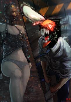 1boy 1girl alternate_form artist_collaboration black_gloves black_necktie blue_pants bomb_devil_(chainsaw_man) breasts chainsaw chainsaw_man denji_(chainsaw_man) elbow_gloves esmile gloves grey_panties grey_shirt highres necktie night object_head outdoors panties pants rain sharp_teeth shirt small_breasts sn1ke teeth underwear