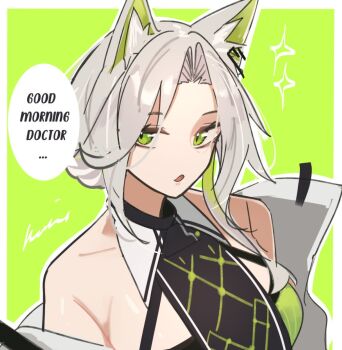 1girl animal_ear_fluff animal_ears arknights artist_name bare_shoulders breasts cat_ears cat_girl colored_inner_hair dress english_text green_eyes green_hair green_shirt grey_hair hair_bun hair_intakes kal&#039;tsit_(arknights) large_breasts multicolored_hair nuggetkouhai parted_lips shirt short_hair signature single_hair_bun sleeveless sleeveless_shirt solo speech_bubble star_(symbol)