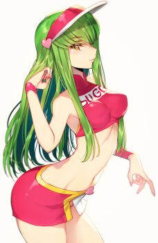 1girl arched_back armpits bare_shoulders breasts c.c. character_name clothes_writing code_geass cosplay cowboy_shot creayus crop_top female_focus from_side future_gpx_cyber_formula green_hair hand_in_own_hair heart high_collar large_breasts long_hair looking_at_viewer microskirt midriff miniskirt nail_polish navel race_queen red_shirt red_skirt shirt skirt smile solo standing sugou_asuka sugou_asuka_(cosplay) visor_cap white_background wristband yellow_eyes