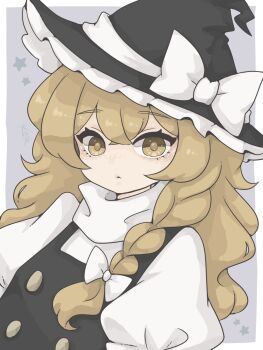 1girl black_dress black_hat blonde_hair bow braid buttons closed_mouth commentary crossed_bangs dress frilled_hat frills harukairo hat hat_bow highres kirisame_marisa long_hair looking_at_viewer pinafore_dress puffy_sleeves shirt side_braid sleeveless sleeveless_dress solo star_(symbol) symbol-only_commentary touhou white_bow white_shirt witch_hat yellow_eyes