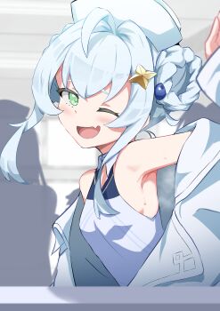 1girl absurdres ahoge armpits bastelina_(stella_sora) blurry blurry_background blush braid braided_hair_rings coat collared_shirt commentary_request fang green_eyes hair_intakes hair_ornament hair_rings hat highres jacket off_shoulder one_eye_closed open_mouth sanami_(sanami_t_38) shirt skin_fang sleeveless sleeveless_shirt smile solo star_(symbol) star_hair_ornament steaming_body stella_sora upper_body white_coat white_hair white_hat white_jacket