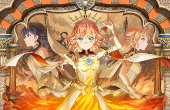 3girls aqua_eyes arms_up bare_shoulders blonde_hair blue_eyes blue_hair braid breasts closed_mouth dress game_cg gradient_hair half_up_braid half_updo hasu_no_sanrenka highres hinoshita_kaho hinoshita_kaho_(souzou_no_chihei_kara) link!_like!_love_live! long_hair looking_at_viewer love_live! low_twin_braids medium_hair multicolored_hair multiple_braids multiple_girls murano_sayaka murano_sayaka_(seigo_no_chihei_kara) non-web_source official_alternate_costume official_art orange_dress orange_hair osawa_rurino osawa_rurino_(choubou_no_chihei_kara) outstretched_arm parted_bangs parted_lips profile small_breasts smile strapless strapless_dress twin_braids virtual_youtuber