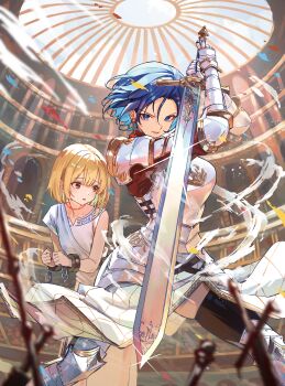 Rule 34 | 2girls, absurdres, arena, arm armor, armor, blonde hair, blue eyes, blue hair, blurry, blurry background, braid, brown eyes, character request, colored inner hair, commentary request, copyright request, cover, cover page, cuffs, dress, earrings, fighting stance, glint, greatsword, highres, holding, holding sword, holding weapon, jewelry, leg armor, looking at viewer, multicolored hair, multiple girls, novel cover, official art, parted lips, red shirt, roco (rocoroco1115), shackles, shirt, short hair, shoulder armor, single braid, smile, sword, textless version, weapon, white dress, wind