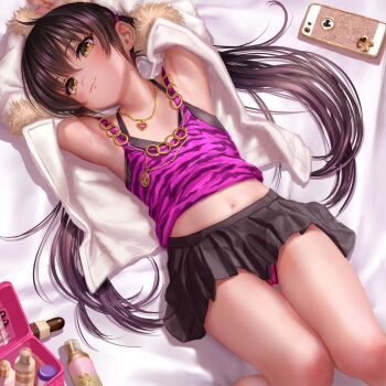 1girl :3 animal_print armpits asakuraf bed_sheet black_hair black_skirt camisole cellphone closed_mouth female_focus from_above fur-trimmed_jacket fur_trim heart heart_necklace highres idolmaster idolmaster_cinderella_girls jacket jewelry loli long_hair looking_at_viewer lying matoba_risa midriff navel necklace on_back phone pink_camisole pink_skirt skirt smile solo thighs tiger_print twintails white_jacket yellow_eyes