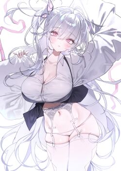+_+ 1girl absurdres amu1207 arm_up blush breasts butterfly_hair_ornament button_gap buttons cleavage collarbone commentary_request commission crop_top cross-shaped_pupils floating_hair garter_straps hair_between_eyes hair_ornament head_tilt highres holding holding_pillow korean_commentary large_breasts lens_flare light_particles lingerie long_hair long_sleeves looking_at_viewer navel original panties parted_lips pillow pink_eyes pink_ribbon ribbon second-party_source shirt simple_background skindentation solo standing stomach string_panties symbol-shaped_pupils thighhighs thighs twintails underwear very_long_hair white_background white_hair white_panties white_shirt white_thighhighs