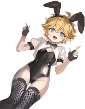 Rule 34 | 1boy, :d, ahoge, alternate costume, animal ear hairband, animal ears, aotu world, artist request, black bow, black bowtie, black gloves, black leotard, black thighhighs, blonde hair, blue eyes, bow, bowtie, chinese commentary, commentary request, cropped jacket, crossdressing, crossdressing (mtf), fake animal ears, fangs, feet out of frame, fingerless gloves, fishnets, gloves, hair between eyes, hairband, hands up, highres, jacket, king (aotu world), leotard, looking at viewer, male focus, male playboy bunny, open mouth, pantyhose, playboy bunny, pointy ears, puffy short sleeves, puffy sleeves, rabbit ear hairband, rabbit ears, second-party source, short hair, short sleeves, shrug (clothing), simple background, smile, solo, strapless, strapless leotard, thighhighs, trap, white background, white jacket