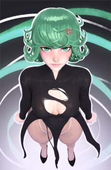 1girl 3d abstract_background anger_vein angry black_dress breasts cleavage curly_hair curvy dress green_eyes green_hair high_heels lips long_sleeves looking_at_viewer medium_breasts one-punch_man panties popogori pout short_hair solo tatsumaki thick_thighs thighs underwear white_panties wide_hips
