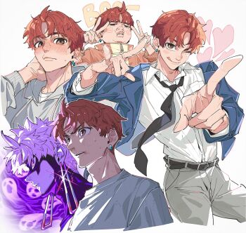 1boy black_necktie blue_jacket blush brown_eyes closed_mouth commentary_request cowboy_shot dandadan double_v earrings enjoji_jin evil_eye_(dandadan) glint grey_hoodie grey_pants heart highres hood hood_down hoodie jacket jewelry looking_at_viewer multiple_views necktie one_eye_closed oooo971028 open_clothes open_jacket orange_jacket pants parted_lips possessed red_hair school_uniform shirt short_hair sweatdrop tongue tongue_out track_jacket upper_body v white_shirt wing_collar