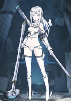 1girl armor asymmetrical_dual_wielding bare_shoulders bikini_armor blue_eyes boots breasts breasts_apart chisel circlet cleavage_cutout closed_mouth clothing_cutout colored_eyelashes crop_top detached_sleeves dot_mouth dual_wielding expressionless fate/grand_order fate_(series) full_body galatea_(fate) game_cg gloves gluteal_fold groin halterneck holding holding_behind_back holding_chisel holding_weapon legs_apart long_hair long_sidelocks long_sleeves looking_to_the_side lowleg lowleg_panties medium_breasts navel official_art oversized_object pale_skin panties parted_bangs shimada_fumikane shirt sidelocks solo standing thighhighs third-party_source turtleneck underboob underwear variant_set weapon white_boots white_eyelashes white_gloves white_hair white_shirt white_thighhighs
