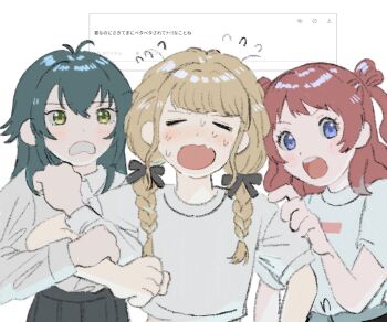 Rule 34 | bad id, bad twitter id, blonde hair, blue eyes, blush, braid, closed eyes, collared shirt, fang, flying sweatdrops, fujita kotone, gakuen idolmaster, green eyes, green hair, hair flaps, hair ribbon, hanami saki, highres, hot, idolmaster, long hair, long sleeves, looking at another, looking at viewer, odaibako, open mouth, pleated skirt, red hair, request inset, ribbon, shirt, short sleeves, simple background, skin fang, skirt, subro, sweat, translation request, tsukimura temari, twin braids, two side up, upper body, white background, white shirt