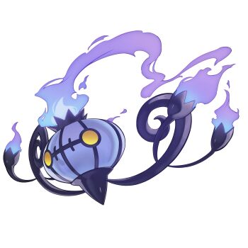 Rule 34 | chandelier, chandelure, commentary request, fire, full body, gen 5 pokemon, highres, nintendo, no humans, pokemon, pokemon (creature), pokemon focus, purple fire, simple background, solo, white background, yellow eyes, zealmaker