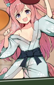 1girl :d agnes_digital_(umamusume) akizuki_shigure animal_ears blue_eyes breasts cleavage commentary_request highres holding_table_tennis_paddle horse_ears horse_girl horse_tail japanese_clothes kimono long_hair looking_at_viewer open_mouth paddle pink_hair smile solo table_tennis_paddle tail umamusume