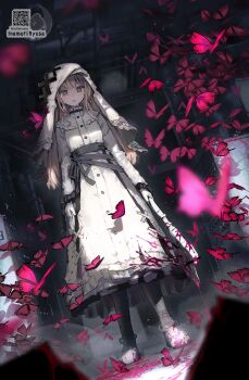 1girl artist_name axe blonde_hair blood blood_splatter bloody_weapon bug butterfly commentary_request crying crying_with_eyes_open dark_room dress frilled_dress frills full_body gloves highres hikami_meruru inamori_ryusa indoors insect long_hair long_sleeves looking_at_viewer mahou_shoujo_no_majo_saiban priestess red_butterfly sash shoes solo spoilers standing tears too_many too_many_butterflies veil weapon white_dress white_gloves white_veil