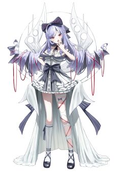 1girl absurdres achib ahoge alternate_costume bare_shoulders black_shoes blush bow breasts collarbone commentary covering_own_mouth dress drill_hair english_commentary full_body hair_bow hand_on_own_hip head_tilt highres layered_dress long_hair looking_at_viewer multicolored_nails parted_lips pointy_ears purple_bow purple_hair purple_nails purple_ribbon red_eyes red_nails ribbon shoes simple_background single_sock single_thighhigh small_breasts socks solo strapless strapless_dress string string_of_fate thighhighs vivian_banshee white_background white_dress white_socks white_thighhighs white_wings wings zenless_zone_zero
