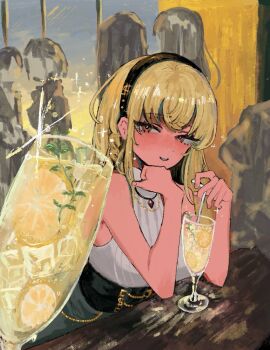 1girl bar_(place) bar_counter bare_shoulders black_corset black_hairband blonde_hair blush braid building chain chain_necklace city_lights cocktail cocktail_glass corset crossed_bangs cup denonbu dollar_sign drink drinking_glass drinking_straw drunk evening food fruit gem glass gold_chain gold_necklace hairband hand_on_own_chin headband holding holding_cup ice jewelry lemon looking_at_viewer moosu multiple_girls necklace pencil_skirt pov red_eyes shirokane_aki shoulder_blush side_braid sidelocks single_braid sitting skirt skyline skyscraper sleeveless sleeveless_turtleneck sparkle turtleneck