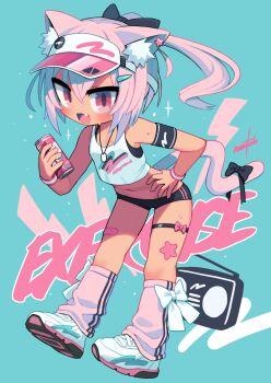 Rule 34 | 1girl, animal ear fluff, animal ears, bow, breasts, can, cat ears, cat girl, cat tail, commentary request, fang, hand on own hip, highres, nanatsuta, open mouth, original, pink hair, small breasts, solo, tail, tail ornament