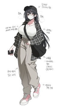1girl absurdres arrow_(symbol) bag bags_under_eyes black_hair black_hat black_jacket blush breasts casual cellphone collarbone commentary_request full_body grey_pants hat highres holding holding_phone huge_breasts jacket korean_commentary korean_text long_hair looking_at_viewer mask mouth_mask no_pupils open_clothes open_jacket original pants phone pink_shoes plaid_clothes plaid_jacket shirt shirt_tucked_in shoes shoulder_bag simple_background siribang1215 smartphone sneakers solo straight_hair very_long_hair white_background white_mask white_shirt