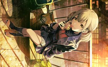 1girl azusawa_kohane belt black_jacket black_shirt black_shoes blonde_hair colorful_palette find_a_way_out_(project_sekai) food full_body game_cg grey_skirt highres holding holding_food holding_sandwich jacket jewelry looking_at_viewer necklace official_alternate_costume official_art open_clothes open_jacket plant pleated_skirt potted_plant project_sekai sandwich shirt shoes sitting skirt solo third-party_source twintails yellow_eyes