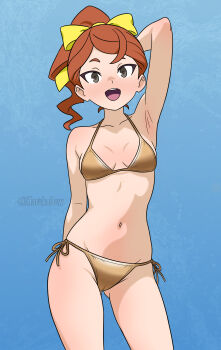 1girl absurdres armpits bikini blue_background blush breasts brown_bikini brown_hair cameltoe cleavage collarbone commentary english_commentary grey_eyes hair_ribbon hanna_england harukadew highres little_witch_academia long_hair medium_breasts navel ponytail presenting_armpit ribbon simple_background solo swimsuit