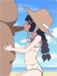 1boy 1girl animated arched_back beach bikini black_hair blue_archive blue_trim braid clothed_female_nude_male cloud day fat fat_man fellatio hair_ornament halo hat hokanohito kneeling loli long_hair miyu_(blue_archive) miyu_(swimsuit)_(blue_archive) navel nude oral outdoors penis red_eyes size_difference sky sound standing swimsuit tagme twin_braids veins veiny_penis video