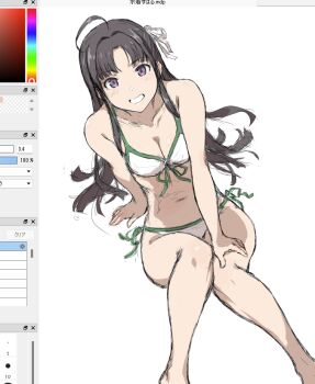 1girl art_program_in_frame awa_subaru bikini black_hair breasts cleavage girls_band_cry hair_ribbon long_hair looking_at_viewer medium_breasts navel open_mouth puge purple_eyes ribbon simple_background solo stomach swimsuit white_background white_bikini white_ribbon