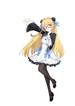 1girl ;p absurdres arm_up black-framed_eyewear black_pantyhose black_shoes black_shrug block_heels blonde_hair blue_bow bow braid bun_cover closers collared_shrug crop_top double_bun full_body glasses hair_bow hair_bun hands_up high-waist_skirt highres layered_skirt leg_up long_hair looking_at_viewer lucy_(closers) mandarin_collar mary_janes midriff_peek miniskirt official_art one_eye_closed pantyhose round_eyewear shirt shoes shrug_(clothing) side_braid skirt skirt_bow solo standing standing_on_one_leg tachi-e teardrop-framed_glasses tongue tongue_out v white_background white_shirt wide_sleeves yellow_eyes