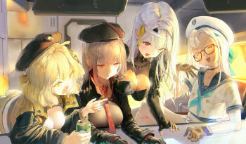 4girls :3 absurdres ahoge anis_(nikke) annoyed armored_leotard asymmetrical_bangs bandaged_head bandages bent_over beret black_gloves black_hat black_jacket blonde_hair blue_bow blue_choker blue_neckerchief blue_sailor_collar blush bodystocking bow breasts brown_gloves brown_hair buttons can choker cleavage closed_eyes collared_shirt commentary_request counters_(nikke) crossed_legs double-breasted fingerless_gloves gloves goddess_of_victory:_nikke hair_bow hair_ornament hair_ribbon hat highres holding holding_can indoors jacket leotard long_hair long_sleeves looking_ahead looking_at_another looking_down medium_hair modernia_(nikke) multicolored_gloves multicolored_jacket multiple_girls neckerchief necktie neon_(nikke) open_mouth phoebe_(user_vvpf4584) pleated_skirt pointing pointing_at_another rapi_(nikke) red-framed_eyewear red_eyes red_jacket red_necktie ribbon sailor_collar school_uniform serafuku shirt sitting skirt smug standing two-sided_fabric two-sided_jacket two-tone_gloves two-tone_jacket v-shaped_eyebrows white_hair white_hat white_shirt white_skirt yellow_eyes yellow_jacket yellow_ribbon