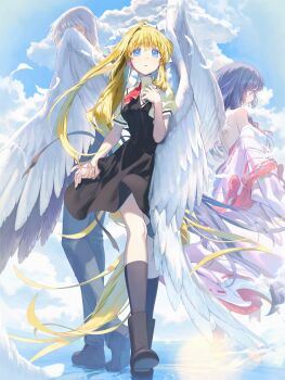 Rule 34 | 1boy, 2girls, absurdres, air (visual novel), angel wings, ascot, bare shoulders, barefoot, bell, black boots, black dress, black hair, black socks, blonde hair, blue eyes, boots, bow, cloud, cross, dress, feathered wings, feathers, full body, hair bell, hair bow, hair ornament, hand on own chest, highres, holding hands, japanese clothes, jingle bell, kamio misuzu, kannabi no mikoto, kunisaki yukito, long hair, miko, multiple girls, ponytail, ppru, short sleeves, socks, white bow, white feathers, white hair, white wings, wings