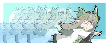 1girl aqua_background arknights blue_background blush_stickers border clone closed_eyes coat commentary doodle_inset elf english_commentary flowing_shape_(arknights) gradient_background green_hair hand_up hydrokinesis instagram_username lab_coat laurel_crown long_hair long_sleeves mole mole_under_eye muelsyse_(arknights) open_clothes open_coat outside_border pointy_ears triangle_mouth twitter_username water watermark white_border whitydragon