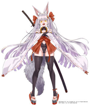 1girl animal_ear_fluff animal_ears asanagi asanagi_(azur_lane) azur_lane black_thighhighs blunt_bangs braid breasts clothing_cutout crossed_arms detached_sleeves fangs fingerless_gloves full_body gloves gluteal_fold hair_ornament highres japanese_clothes long_hair navel_cutout official_art open_mouth orange_eyes platform_clogs prototype_design ribbon-trimmed_sleeves ribbon_trim sheath sheathed short_eyebrows side_braid simple_background skindentation small_breasts solo thighhighs toeless_legwear weapon weapon_on_back white_background wide_sleeves