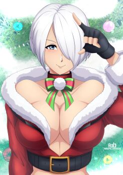 1girl angel_(kof) blue_eyes breasts christmas coat curvy huge_breasts jacket large_breasts looking_at_viewer pale_skin robmk92 short_hair smile smiley_face the_king_of_fighters white_hair wide_hips