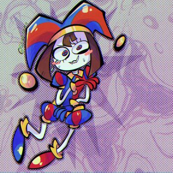 1girl absurdres catinyt circus full_body glitch_productions hat highres jester jester_cap jester_girl looking_at_viewer nervous_smile pomni_(the_amazing_digital_circus) sharp_teeth smile teeth the_amazing_digital_circus