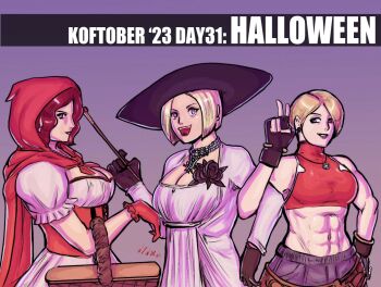 3girls blonde_hair blue_eyes blue_mary breasts cleavage cosplay costume curvy dress earrings female_focus flower gloves halloween halloween_costume hat jewelry king_(snk) large_breasts looking_at_viewer medium_hair multiple_girls pale_skin red_eyes red_hair shirt short_hair tank_top taurence_bell the_king_of_fighters tight_clothes tight_shirt vanessa_(kof)