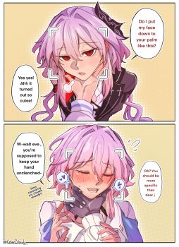 Rule 34 | 2girls, blush, cesar zebrah, commentary, english commentary, english text, evernight (honkai: star rail), gloves, hand on another's face, heart, highres, honkai: star rail, honkai (series), march 7th (honkai: star rail), multiple girls, pink eyes, red eyes, selfcest, viewfinder, yuri