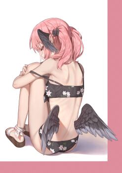 1girl absurdres bikini black_bikini black_wings blue_archive chinese_commentary commentary_request floral_print head_wings highres koharu_(blue_archive) koharu_(swimsuit)_(blue_archive) low_wings naruto_maki_(naruto05) official_alternate_costume pink_eyes pink_hair print_bikini sitting solo strap_slip swimsuit twintails wings