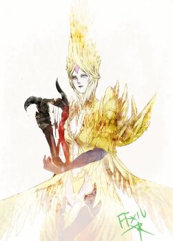 1girl bird_wings breasts cleavage commentary_request copyright_name feathered_wings final_fantasy final_fantasy_xiv harp head_wings holding holding_harp holding_instrument instrument medium_breasts pink_eyes ruka_(blueplus84) simple_background siren_(final_fantasy) solo white_background wings yellow_wings