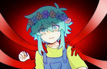 1boy antenna_hair basil_(headspace)_(omori) basil_(omori) blue_flower blue_overalls blue_rose buttons chinese_commentary clenched_teeth collarbone commentary_request crying crying_with_eyes_open double-parted_bangs flower flower_wreath gongs0313 hair_between_eyes hand_up head_wreath highres leaf looking_at_viewer male_focus omori overall_shorts overalls pale_skin pocket purple_flower purple_rose raised_inner_eyebrows red_background red_flower red_rose rose scene_reference shaded_face shirt short_hair short_sleeves sidelocks simple_background solo tears teeth turtleneck turtleneck_shirt upper_body vignetting wide-eyed yellow_shirt
