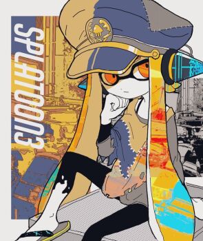 1girl :/ agent_3_(splatoon) behind-the-head_headphones black_pants black_shirt blue_hat captain_3_(splatoon) clenched_hand closed_mouth commentary_request copyright_name expressionless flip-flops grey_shirt hand_on_own_chin hat head_rest headphones hu-yann inkling inkling_girl inkling_player_character layered_shirt layered_sleeves long_hair long_sleeves looking_to_the_side nintendo orange_eyes orange_hair pants patchwork_clothes peaked_cap sandals shirt short_over_long_sleeves short_sleeves sitting solo splatoon_(series) splatoon_3 tentacle_hair torn_clothes torn_pants twintails
