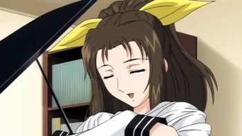 00s 1girl 2008 animated animated_gif anime_screenshot aunt bra breasts brown_hair hair_ribbon high_ponytail housewife large_breasts lingerie long_hair long_sleeves mature_female ponytail ribbon saiminjutsu_2 standing tagme takase_shino underwear undressing unworn_clothes yellow_hair_ribbon yellow_ribbon