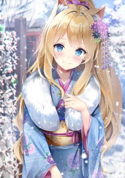 1girl aizawa_(aizawatsu) animal_ear_fluff animal_ears black_flower blonde_hair blue_eyes blue_kimono blush bow brown_sash character_request check_character closed_mouth commentary_request copyright_request day floral_print floral_print_kimono flower fox_ears fox_girl fur_shawl hair_bow hair_flower hair_ornament highres japanese_clothes kanzashi kimono long_hair long_sleeves looking_at_viewer mayonaka_akari new_year obi obiage obijime outdoors plant print_kimono purple_flower sash shawl smile snowing solo upper_body very_long_hair wavy_hair wide_sleeves winter