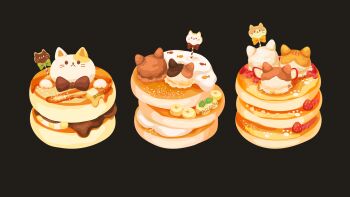 banana banana_slice bow bowtie brown_background brown_bow brown_bowtie cat-shaped_food chocolate_syrup commentary_request cookie food food_focus fruit highres no_humans no_lineart original pancake pancake_stack revision rizu_(rizunm) simple_background souffle_pancake strawberry syrup twitter_username