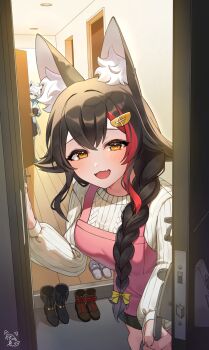 2girls ahoge animal_ear_fluff animal_ears apron aqua_eyes aran_sweater black_hair black_skirt bow bowl braid cable_knit commentary_request doorway fang fox_ears hair_bow hair_ornament hair_over_shoulder highres holding holding_bowl hololive jacket long_hair long_sleeves looking_at_viewer multicolored_hair multiple_girls naftyiyo11 ookami_mio opening_door pink_apron pov_doorway red_hair red_streaks shirakami_fubuki shoes side_braid sidelocks signature skin_fang skirt slippers smile streaked_hair sweater two-tone_hair virtual_youtuber white_hair white_jacket wolf_ears yellow_bow yellow_eyes