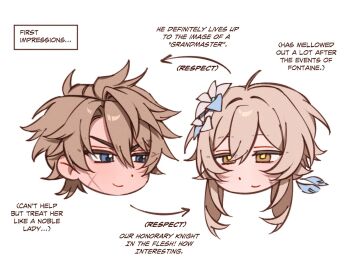 Rule 34 | 1boy, 1girl, ahoge, arrow (symbol), blonde hair, blue eyes, brown eyes, brown hair, closed mouth, commentary, english commentary, english text, feather hair ornament, feathers, flower, genshin impact, hair between eyes, hair flower, hair ornament, half-closed eyes, head only, highres, looking at another, lumine (genshin impact), majunjuu, scar, scar on face, sidelocks, simple background, smile, v-shaped eyebrows, varka (genshin impact), white background, white flower, yellow pupils