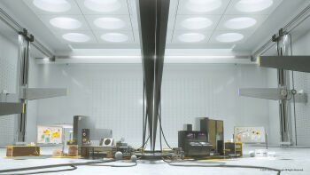 3d arknights arknights:_endfield ceiling_light commentary company_name computer concept_art copyright_name copyright_notice desk english_commentary highres indoors no_humans official_art speaker sticky_note stool watermark whiteboard